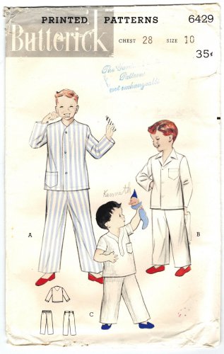 Butterick 6429 Vintage 1960 Boys Pajamas Sewing Pattern Size 10