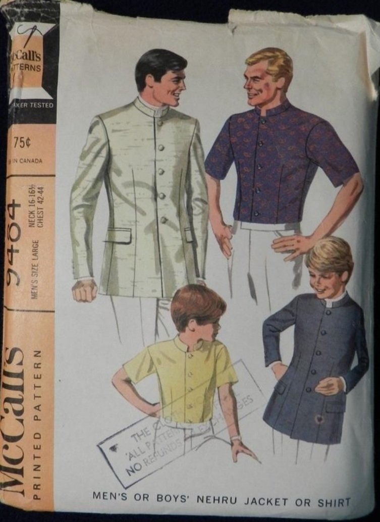 Multi-sizes Men/'s Nehru  Beatles Jacket or Shirt Vintage 1960/'s Sewing Pattern