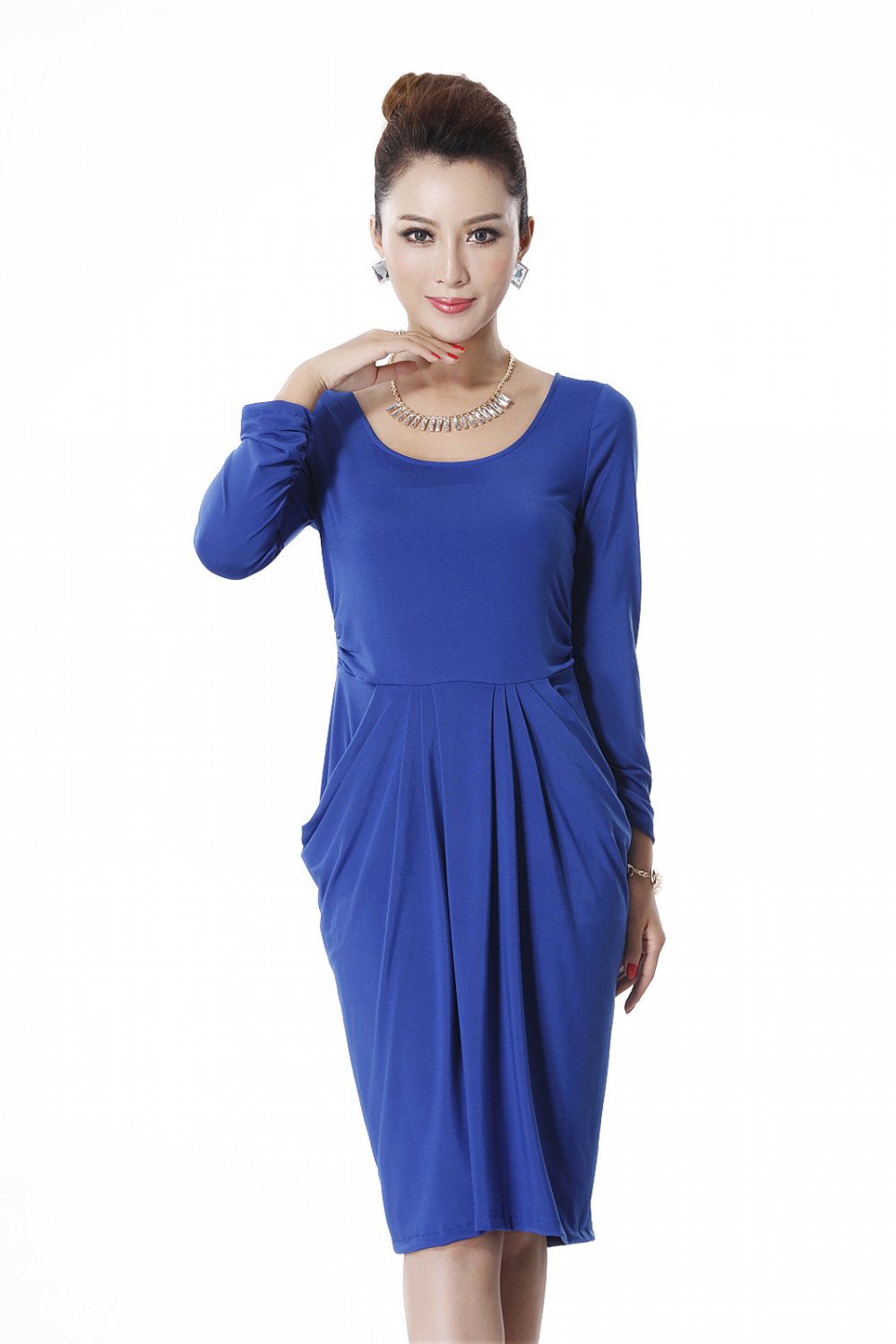 Women's crew neck long sleeve dress with gathered waistlines/BLUE/S ...