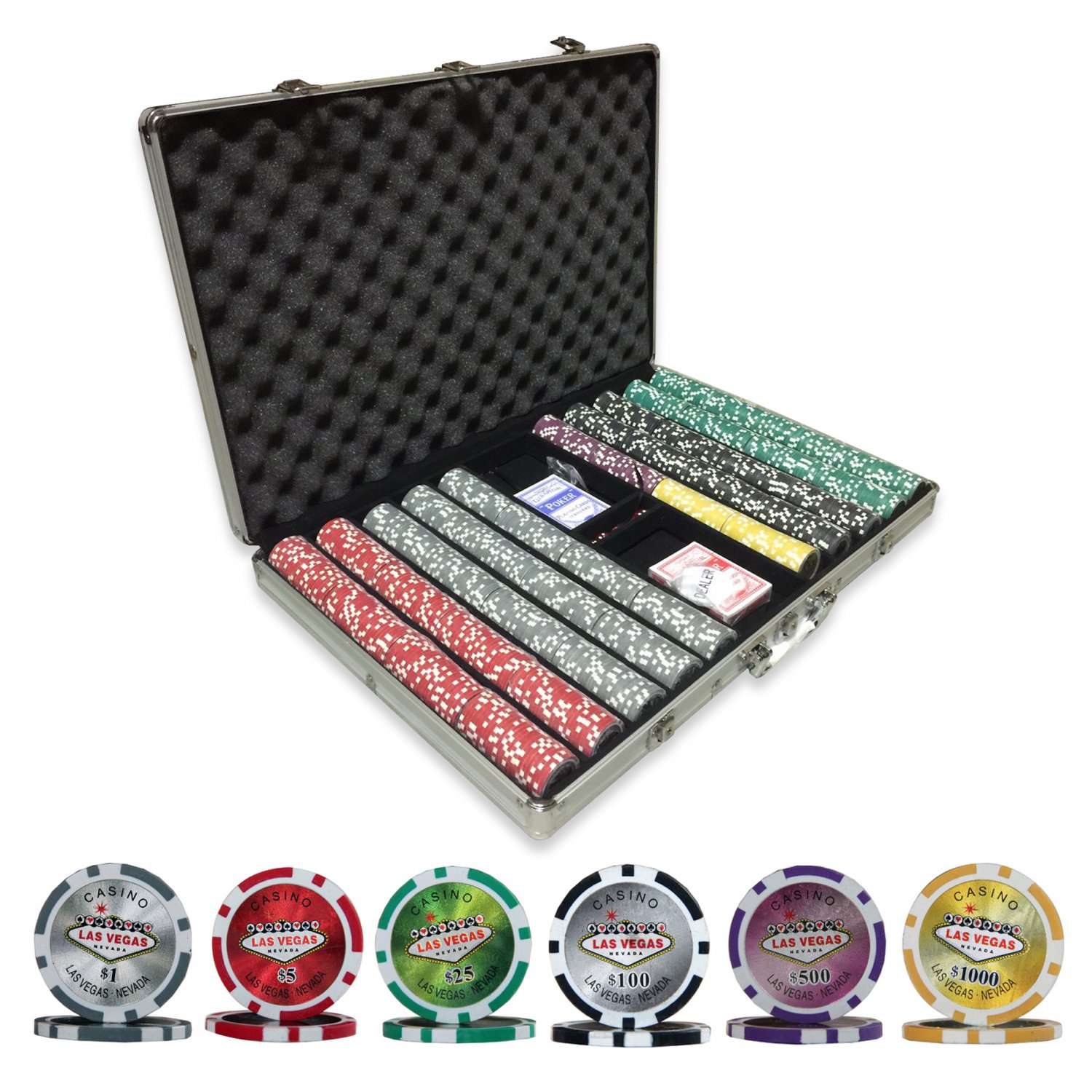New 1000 Ct Las Vegas Nevada Poker Chip Set with Aluminum Case (Ship US