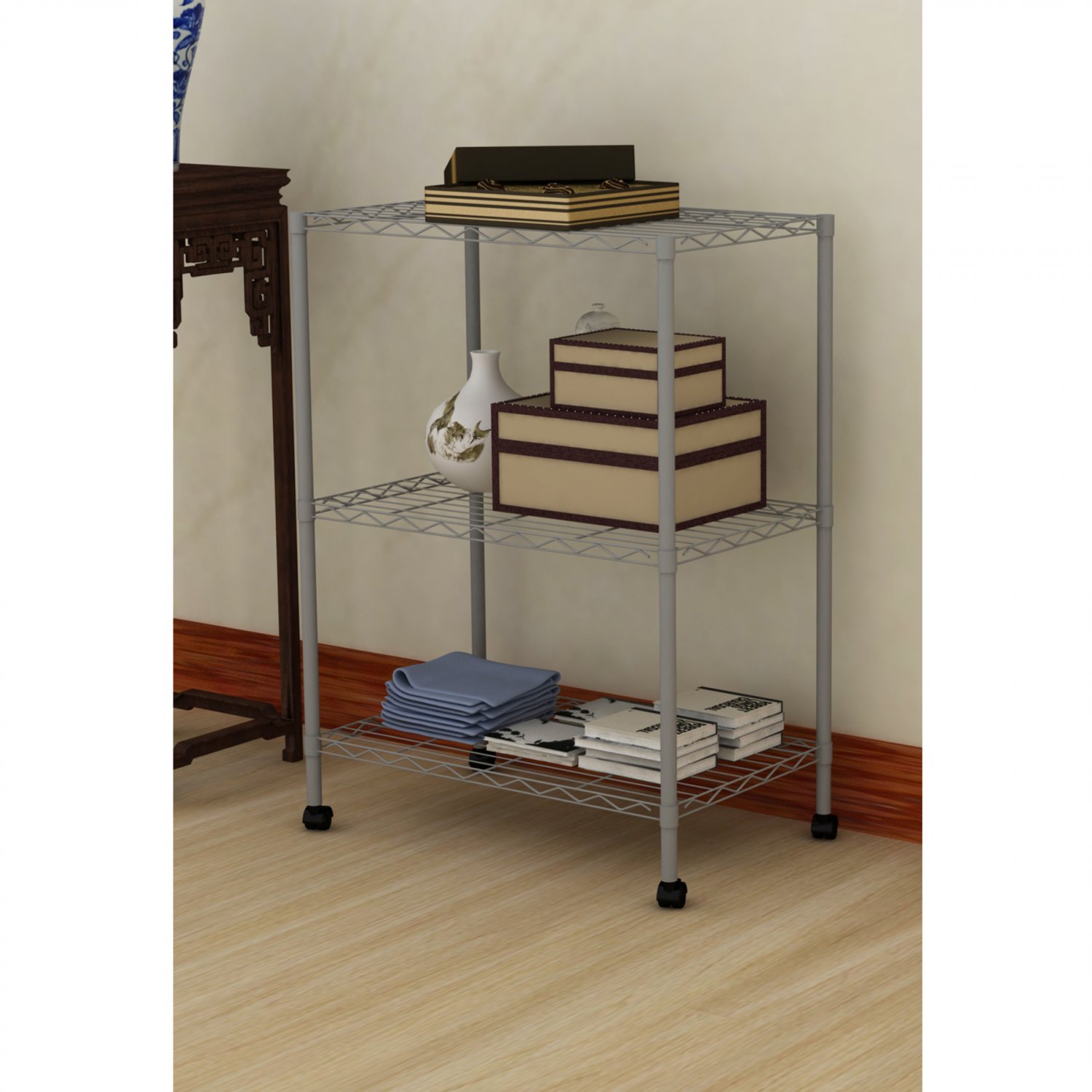 Grey Commercial 3 Layers Shelf Steel Wire Metal Shelving Rack(Ship US