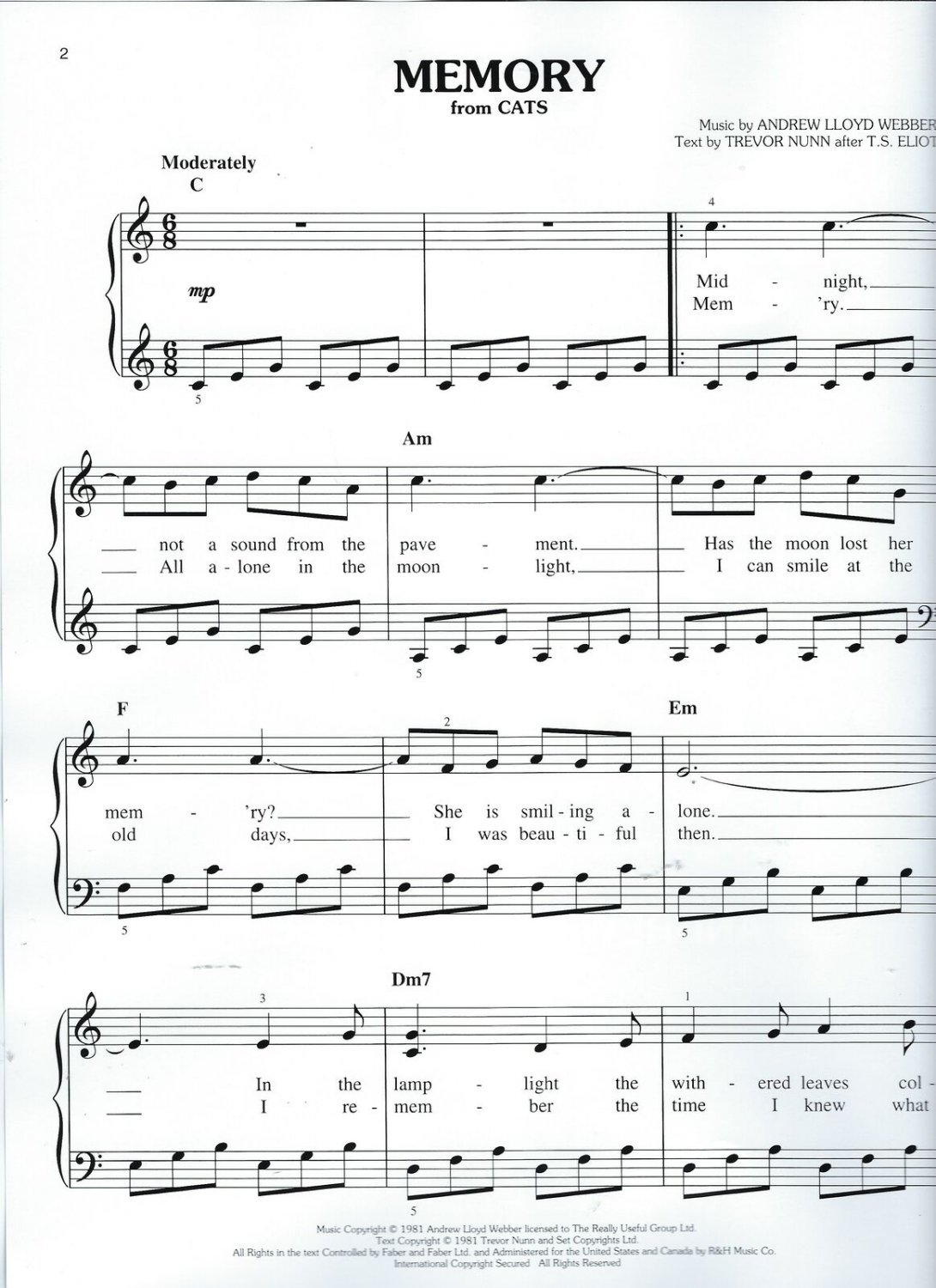 Memory (From Cats) Easy Piano Sheet Music