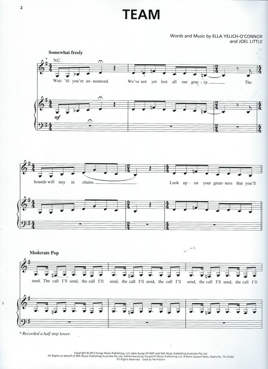 Lorde Team Sheet Music