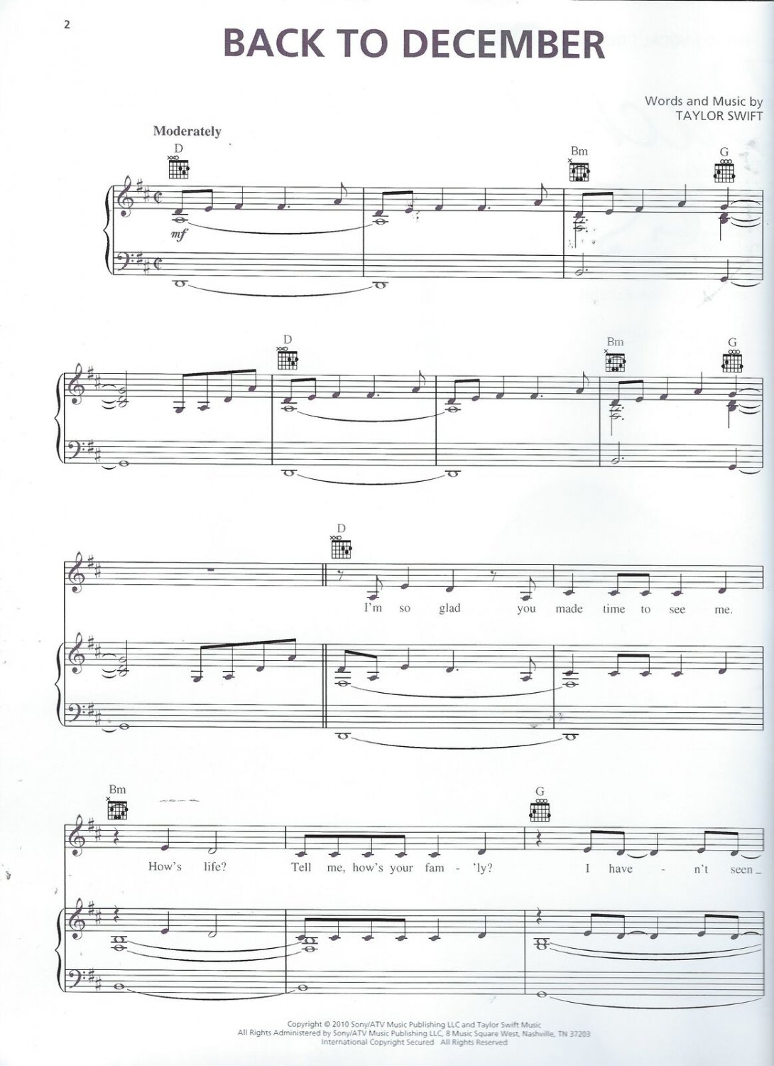 Taylor Swift Back To December Sheet Music