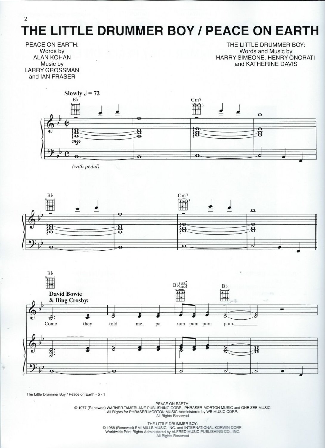 The Little Drummer Boy/Peace on Earth David Bowie Bing Crosby Sheet Music