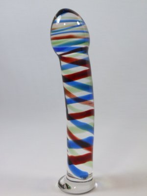 NEW Glass Massager-Curved Dildo Dong Anal Plug, Red Blue Spiral, 6 3/4" G-064