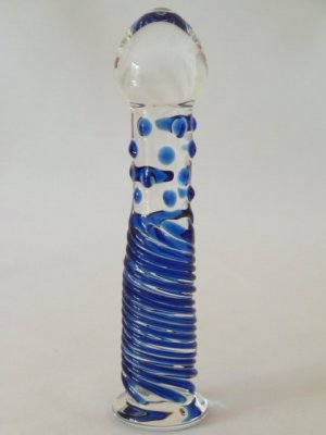 NEW Glass Massager-Curved Dildo Dong Anal Plug, Red Blue Spiral, 6 3/4" G-071