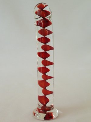 NEW Glass Massager-7" Curved Dildo Dong Anal Plug With Base, Red Helix, Red/Clear G-080