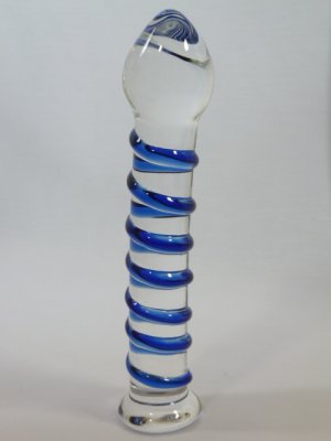 NEW Glass Massager-7" Straight Dildo Dong Anal Plug, Blue Spiral on Clear Shaft G-036
