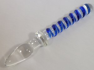 NEW Glass Massager-8.5" Straight Dildo Dong Anal Plug, Blue Engraved Spiral, Double Heads G-044