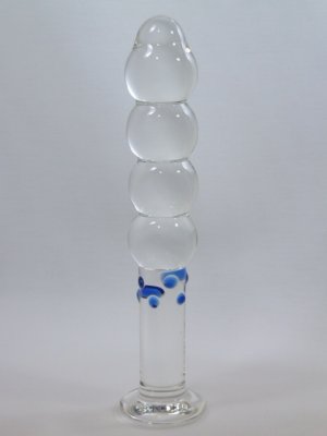 NEW Glass Massager-7" Straight Dildo Dong Anal Plug, 4 bumps, Blue Beads G-038