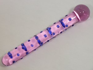 NEW Glass Massager-8" Straight Dildo Dong Anal Plug, Pink Dong, Blue Beads G-046