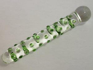 NEW Glass Massager-8" Straight Dildo Dong Anal Plug, Clear Dong, Green Beads G-047