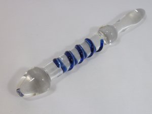 NEW Glass Massager-9" Straight Slim Wand Dildo Dong with Handle, Blue Spiral G-049