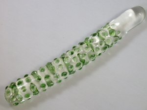 NEW Glass Massager-8" Curve Dildo Dong Anal Plug w/Handle, Green Beads, Clear Handle G-055