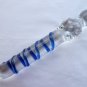 NEW Glass Massager-8 1/8" Curved Dildo Dong Anal Plug, G-Spot, Blue Spiral, Clear Beads G-059