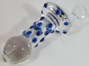 NEW GLASS MASSAGER - 5 3/4" SPINNING ANAL BUTT PLUG, BLUE BEADS G-031