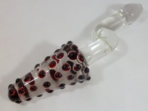 NEW GLASS MASSAGER-8 1/2" BEND SPINNING ANAL BUTT PLUG RED BEADS CORN SHAPED HEAD BEND SHAFT G-033