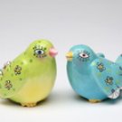 Whimsical Green Blue Cute Bird Salt and Pepper