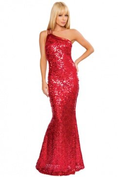 RED TRIPLE STRAP ONE SHOULDER SEQUIN GOWN