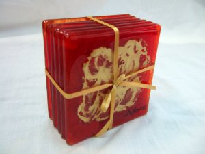 Red and gold fused glass coasters