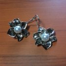 7mm Pearl Flower Design Dangle Earrings 925 Sterling Silver