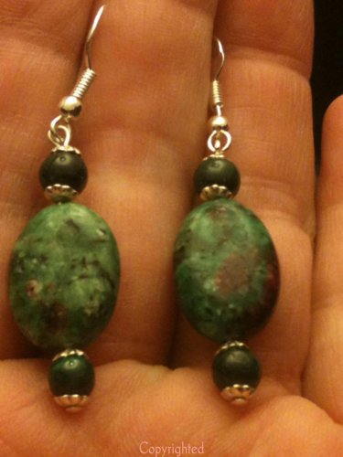 .925 Sterling Silver Natural Ruby Zoisite & Malachite Dangle Earrings Handmade