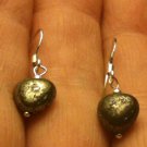 .925 Sterling Silver PETITE Natural Pyrite HEART Dangle Earrings "Handmade"