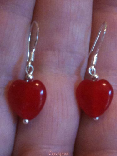 PETITE Natural Red Jade Heart Dangle Earrings 925 Sterling Silver "Handmade"