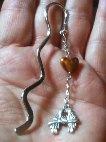 Mini Bookmark Wavy Silver Tone Dangling Catseye Heart & Lovebirds "Handmade"