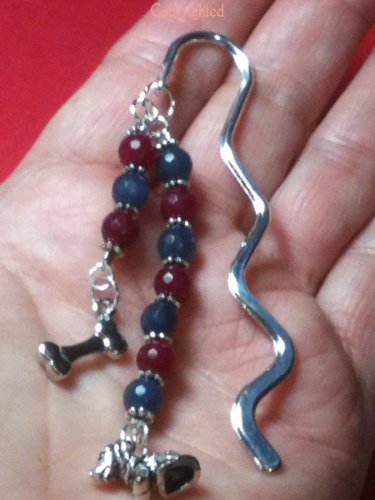 Natural Jade Beads Dog & Bone Charms Dangle - SilverTone Mini Bookmark Handmade