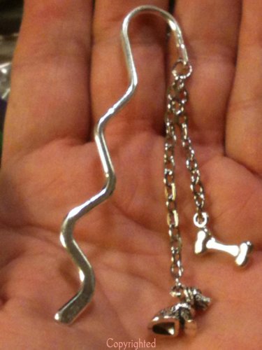 "Handmade" Silver Tone Wavy Mini Bookmark Dangling Silver Tone Dog & Bone Charms