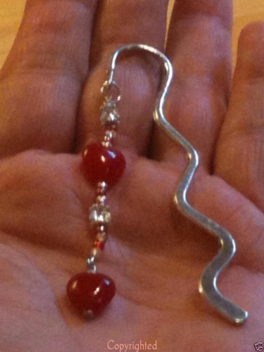 Dangling Natural Red Jade Hearts & Acrylic Beads Handmade Silver Tone Bookmark