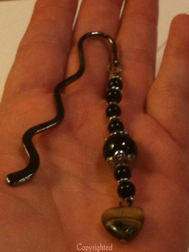 Black Beaded Mini Bookmark with Natural Catseye Heart attached at End "Handmade"