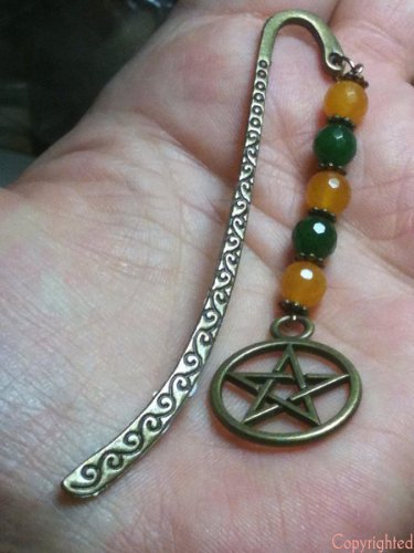 Mini Bookmark Bronze Tone Dangling Yellow & Green Natural Jade, Pentacle Charm