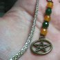 Mini Bookmark Bronze Tone Dangling Yellow & Green Natural Jade, Pentacle Charm