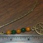 Mini Bookmark Bronze Tone Dangling Yellow & Green Natural Jade, Pentacle Charm