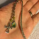 Dangling Sacred Heart Cross Aventurine Bead Chain Silver Tone Mini Bookmark