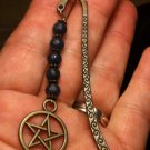 Antique Bronze Tone Bookmark Natural Blue Jade Beads Dangling Pentacle Handmade