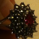 .925 Sterling Silver 0.65ctw CREATED Magenta Ruby Marcasite Ring Size 7.5