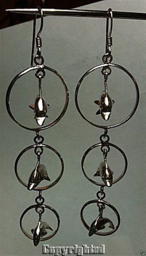 Graduated Triple Circles with Dolphins Dangle Drop Earrings .925 Sterling Silver