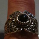 .925 Sterling Silver Black Onyx Ring Filigree Floral Design Sz 8 almost Sz 8.25