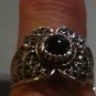 .925 Sterling Silver Black Onyx Ring Filigree Floral Design Sz 8 almost Sz 8.25