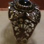 .925 Sterling Silver Black Onyx Ring Filigree Floral Design Sz 8 almost Sz 8.25