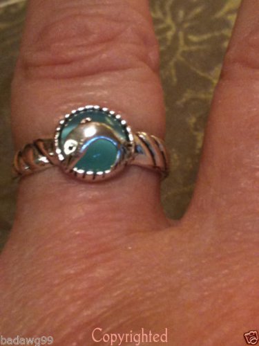 .925 Sterling Silver CREATED (Teal Color) Blue Cats Eye Dolphin Ring Size 8.5