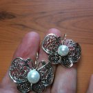 8mm Pearl Butterfly Design Dangle Earrings .925 Sterling Silver Snap Closure