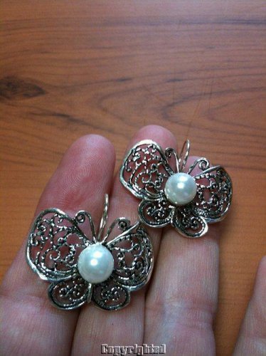 8mm Pearl Butterfly Design Dangle Earrings .925 Sterling Silver Snap Closure