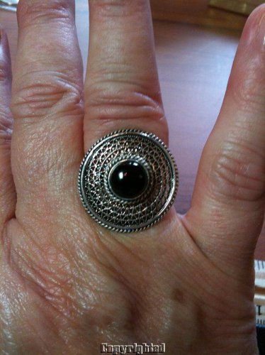 .925 Sterling Silver Black Round Natural Onyx Ring Ornate Design Size 6.5 NWOT