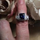 Blue Cubic Zirconia & Clear Cubic CZ Zirconia Cluster Ring 925 Silver Sz 8.5