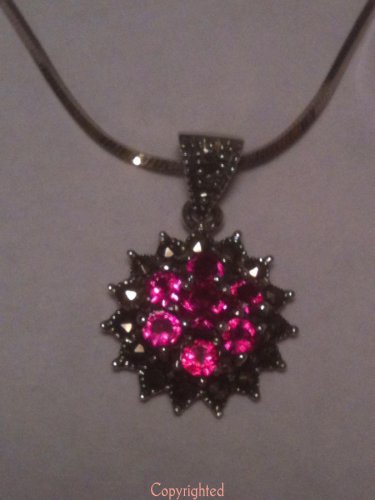 Magenta Created Ruby Marcasite Sliding Pendant Necklace .925 Sterling Silver 18"